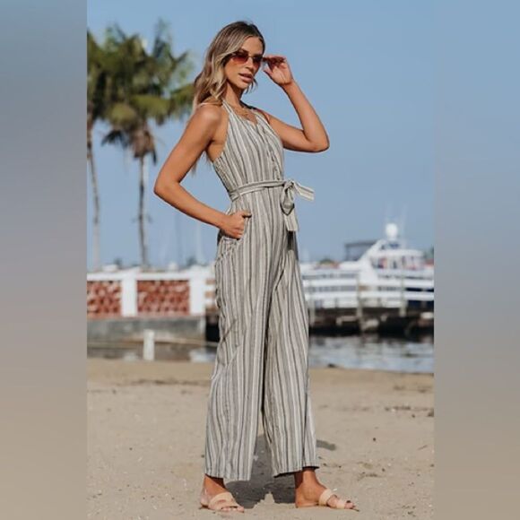 MIMI CHICA L Linen Blend TIE UP shoulder Striped Wide Leg Slit Leg Jumper - Picture 1 of 13